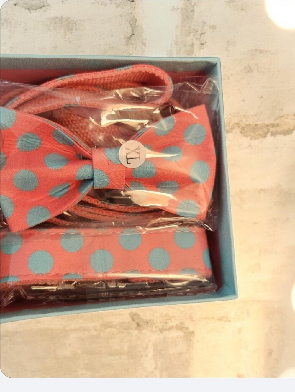 PetPolka Dot Bow Tie & Collar&leash Set in Coral and Light Blue■ NIB